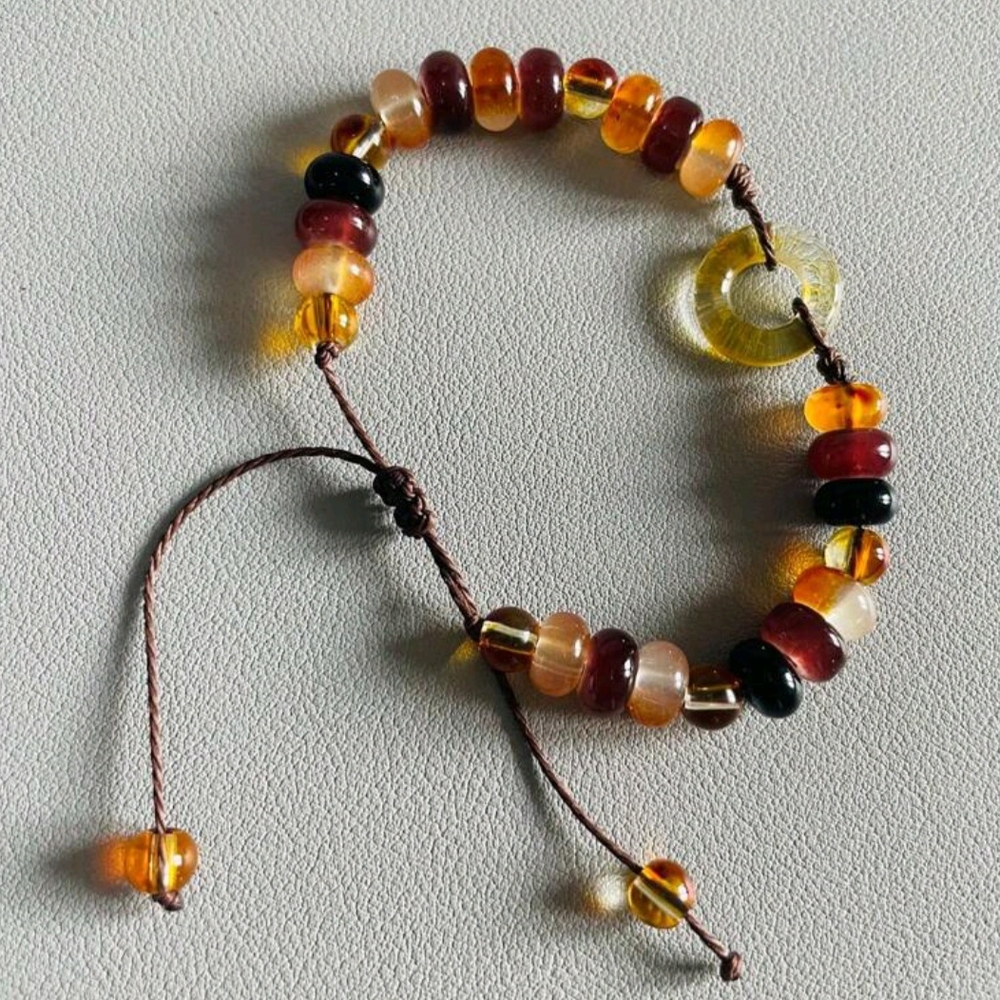 Boho Amber Glass Beaded Bracelet with Adjustable Cord New!